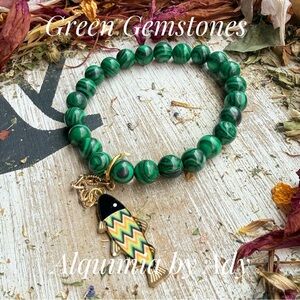 Malachite Beaded Bracelet | Fish Charm | Green Gemstone Stackable Jewelry | Hand